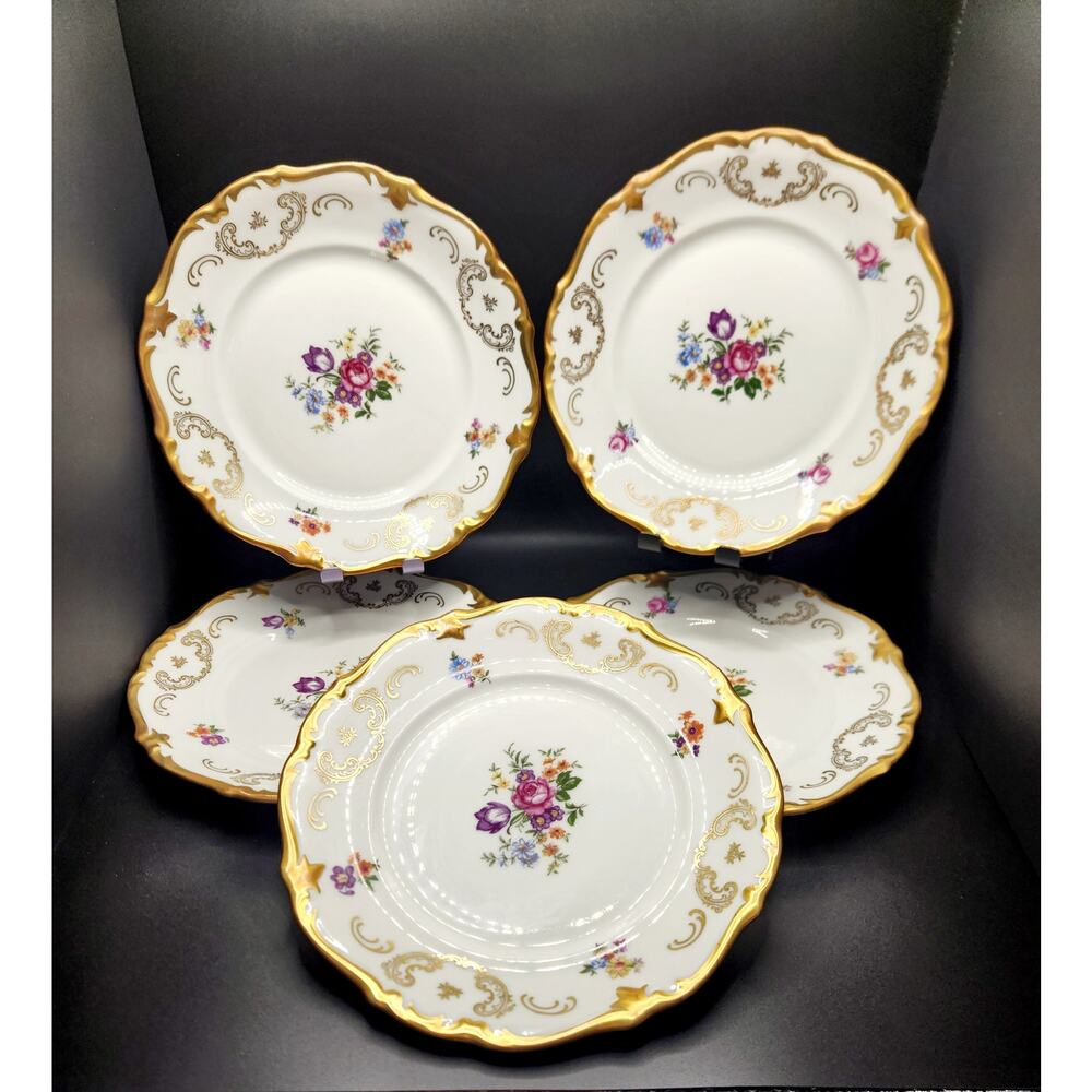 5 Reichenbach GDR Fine China Dessert Plates Gold Gilt Floral Scalloped 7.5 inch